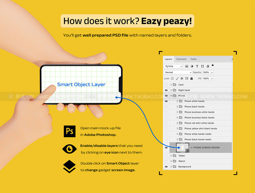 卡通3D手势手指手持iPhone手机iPad平板手表UI界面设计贴图ps样机 Hands And Gadgets Mock-up Constructor_img_2