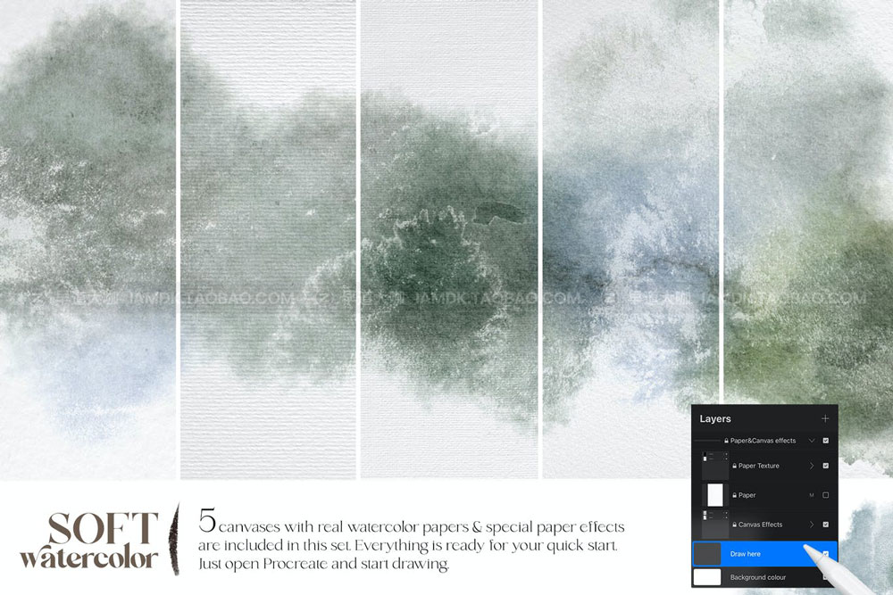 逼真水彩艺术绘画效果iPad Procreate笔刷纹理背景设计素材套件 Soft watercolor Procreate brushes_img_2