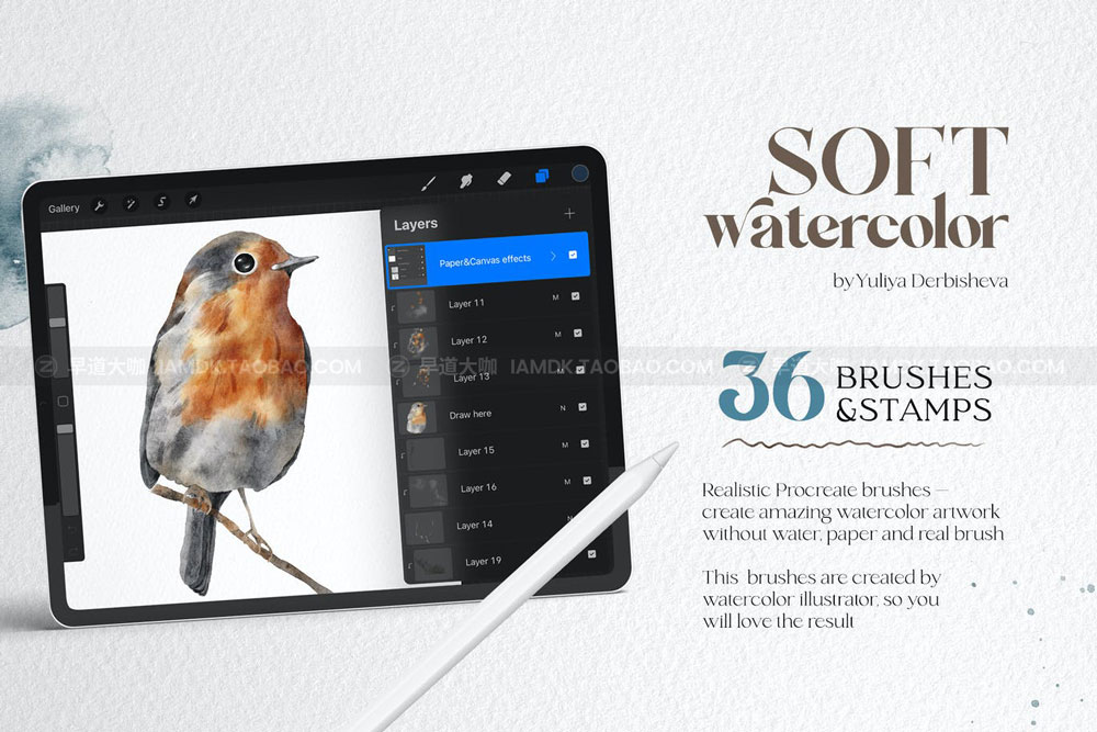 逼真水彩艺术绘画效果iPad Procreate笔刷纹理背景设计素材套件 Soft watercolor Procreate brushes_img_2
