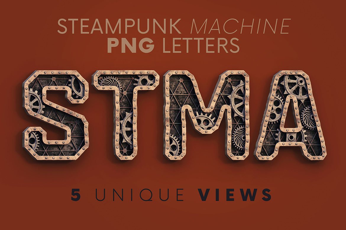 创意3D立体蒸汽朋克风英文字母数字PNG免扣图片设计素材 Steampunk Machine - 3D Lettering_img_2