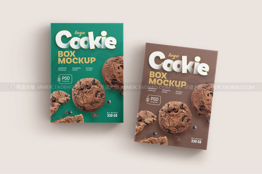 时尚巧克力曲奇饼干包装纸盒外观设计展示贴图样机模板 Cookies Box Packaging Mockup Set_img_2