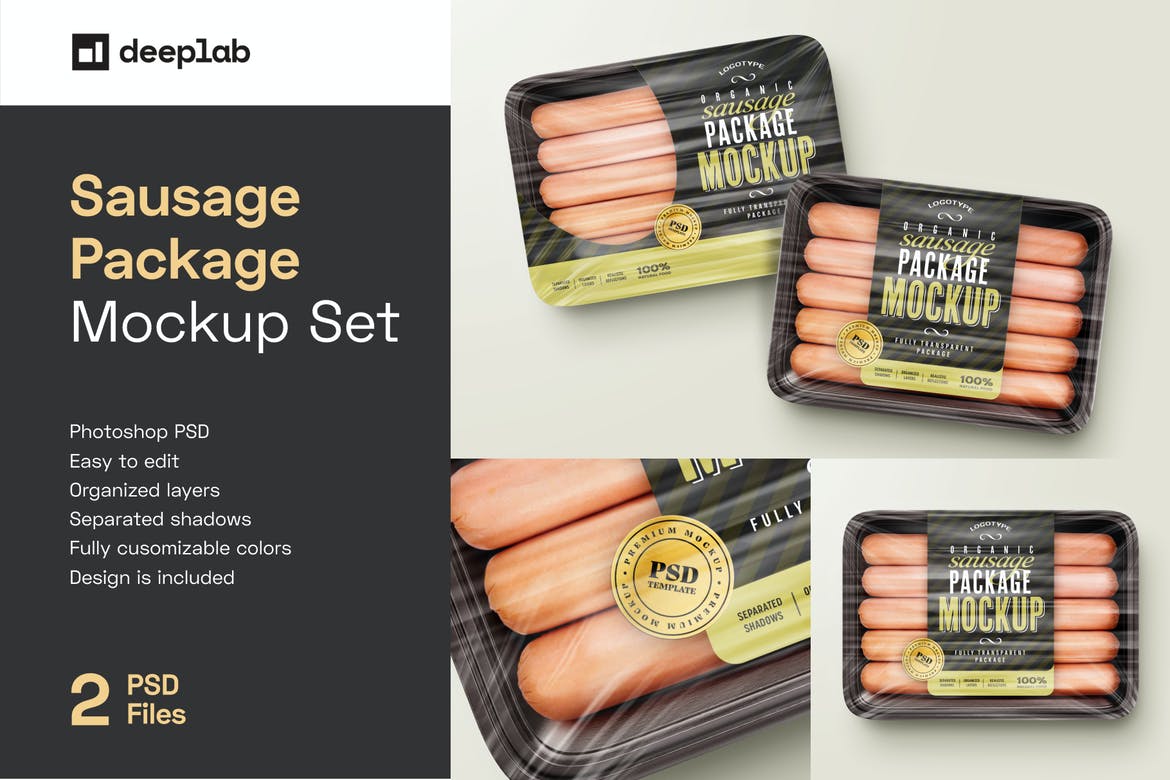 时尚透明有机香肠塑料包装盒贴纸设计展示贴图样机模板 Sausage Package Mockup Set_img_2