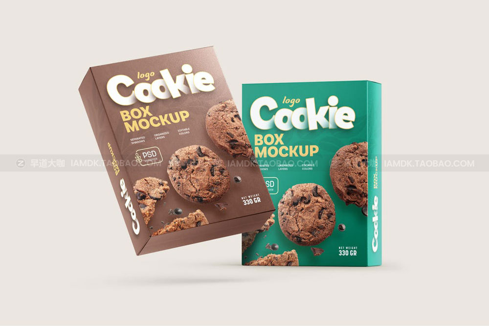 时尚巧克力曲奇饼干包装纸盒外观设计展示贴图样机模板 Cookies Box Packaging Mockup Set_img_2