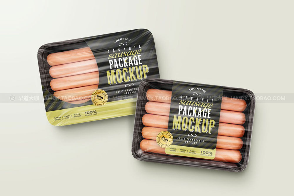 时尚透明有机香肠塑料包装盒贴纸设计展示贴图样机模板 Sausage Package Mockup Set_img_2