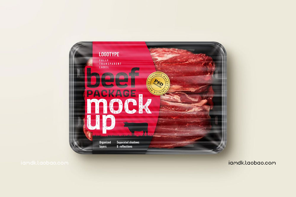 透明有机牛肉塑料包装盒贴纸设计展示贴图样机 Raw Beef Package Mockup Set_img_2