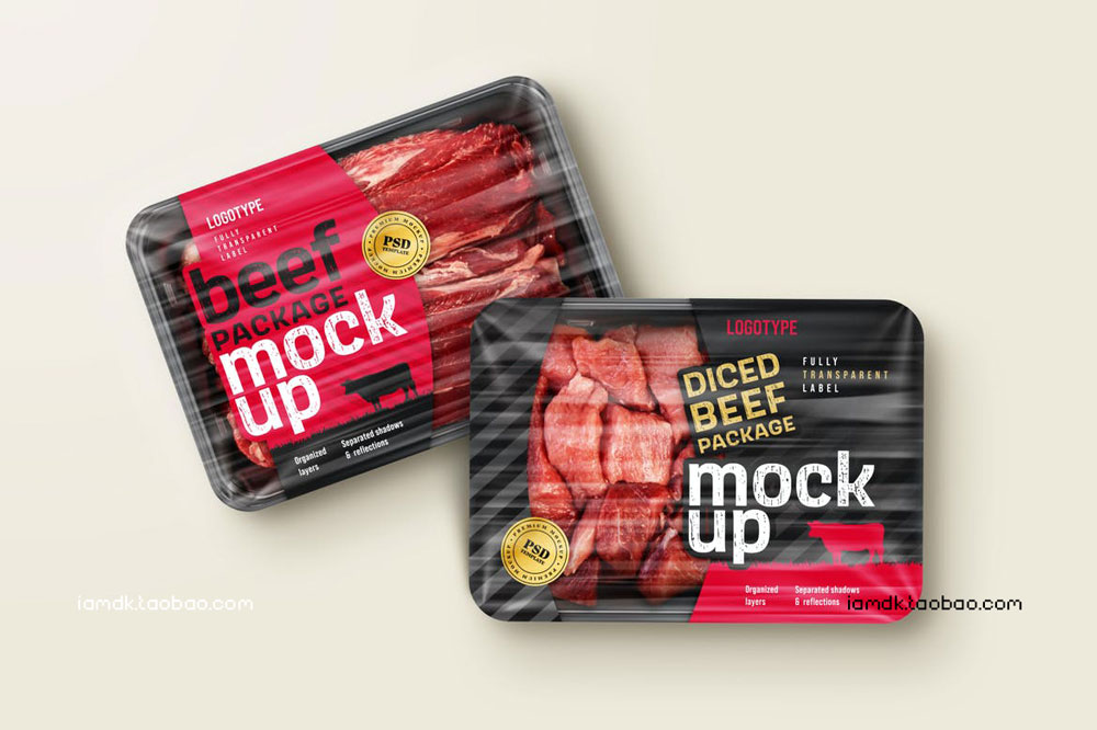 透明有机牛肉塑料包装盒贴纸设计展示贴图样机 Raw Beef Package Mockup Set_img_2