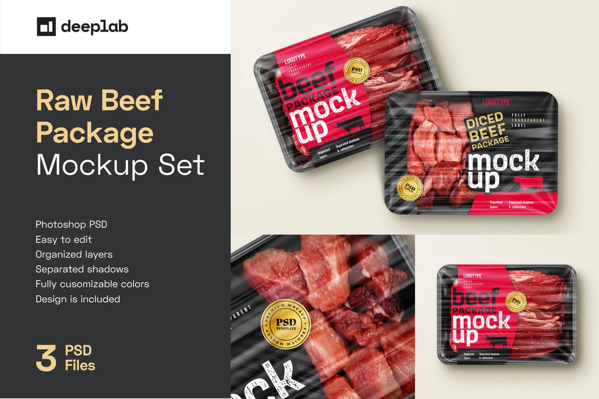 透明有机牛肉塑料包装盒贴纸设计展示贴图样机 Raw Beef Package Mockup Set_img_2