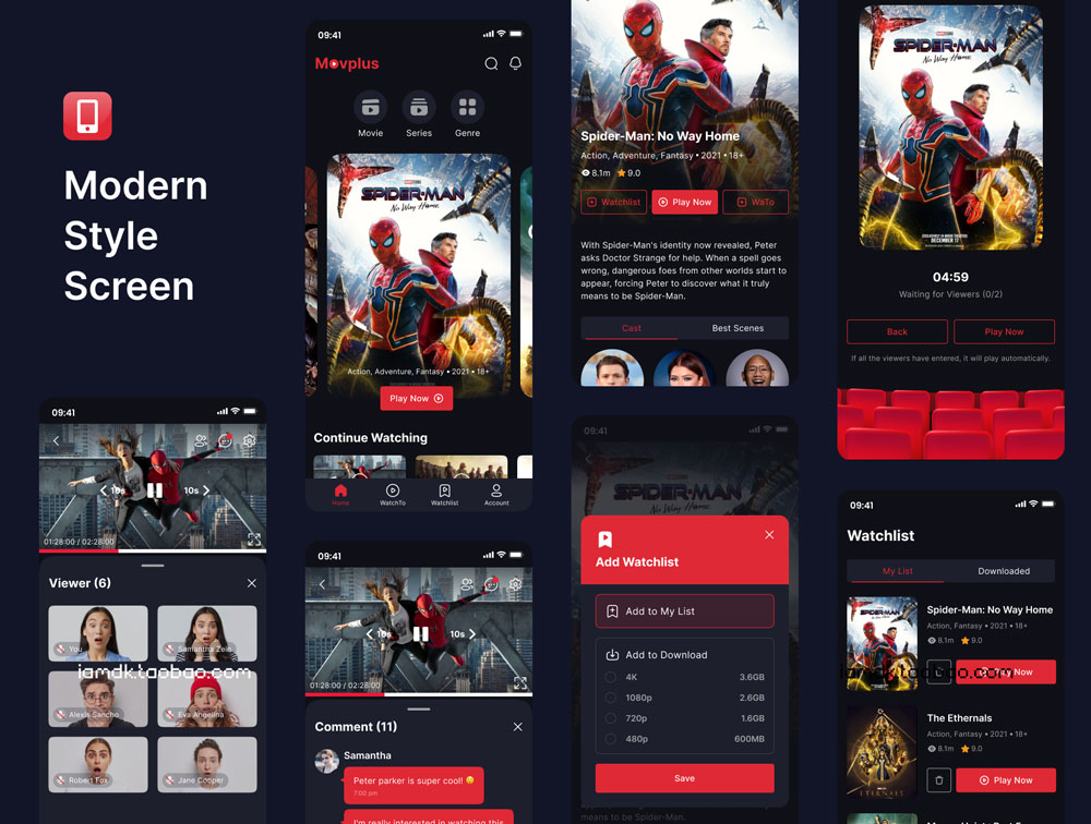 暗黑在线影院视频影视电影APP应用程序界面设计UI套件 Movplus - Movie App UI Kit_img_2