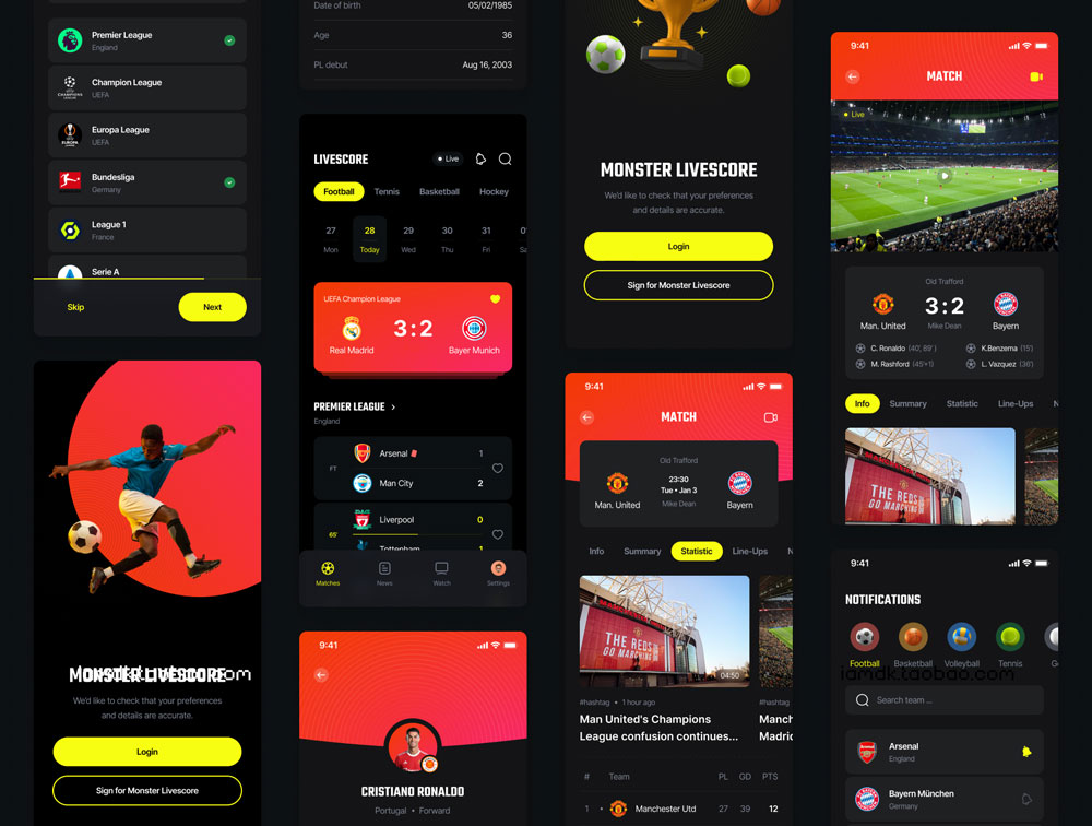 高品质体育赛事新闻数据统计APP应用程序界面设计UI套件 Monster - Livescore Sport app ui kit_img_2