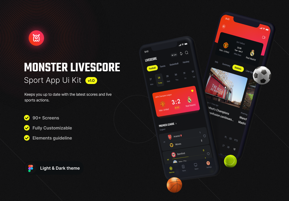 高品质体育赛事新闻数据统计APP应用程序界面设计UI套件 Monster - Livescore Sport app ui kit_img_2