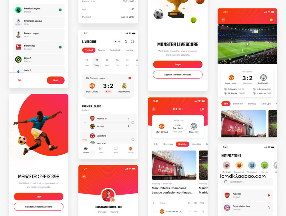 高品质体育赛事新闻数据统计APP应用程序界面设计UI套件 Monster - Livescore Sport app ui kit_img_2