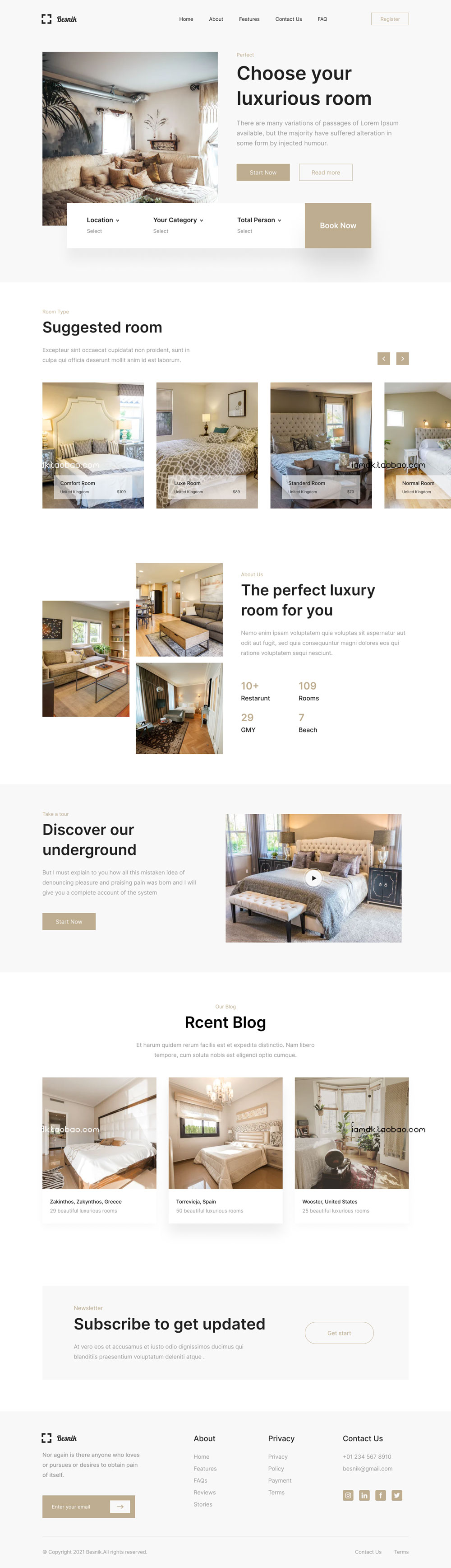 现代极简酒店房间预订网站WEB界面设计模板 UiHut - Hotel Room Booking Landing Page Template_img_2