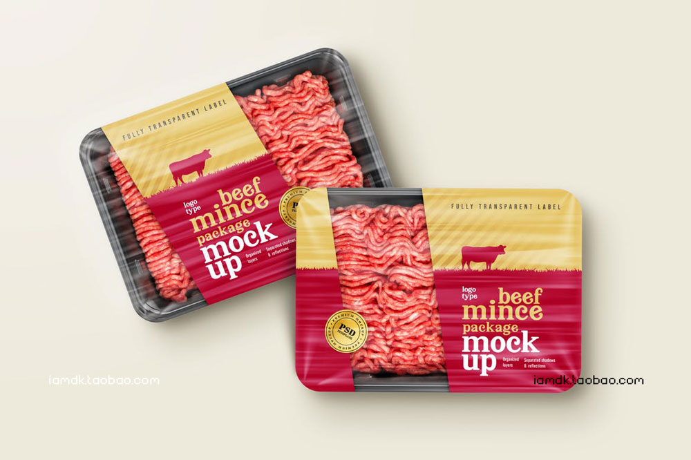 透明牛肉肉食食品塑料包装盒贴纸设计展示贴图样机 Beef Mince Package Mockup Set_img_2