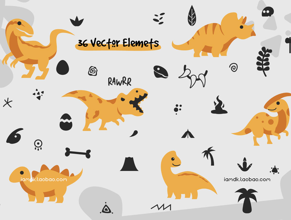 卡通侏罗纪恐龙无缝隙图案矢量插图设计素材 Jurassic Pack Graphic & Pattern Element_img_2