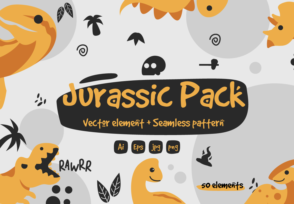 卡通侏罗纪恐龙无缝隙图案矢量插图设计素材 Jurassic Pack Graphic & Pattern Element_img_2