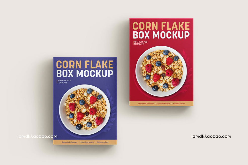 时尚麦片糖果食品零食品牌包装盒设计展示贴图PS样机模板 Corn Flakes Box Mockup Set_img_2