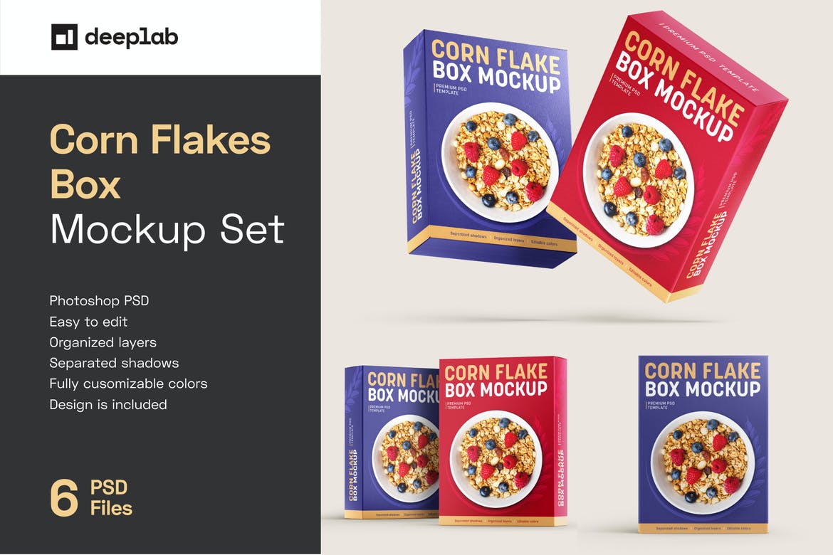 时尚麦片糖果食品零食品牌包装盒设计展示贴图PS样机模板 Corn Flakes Box Mockup Set_img_2