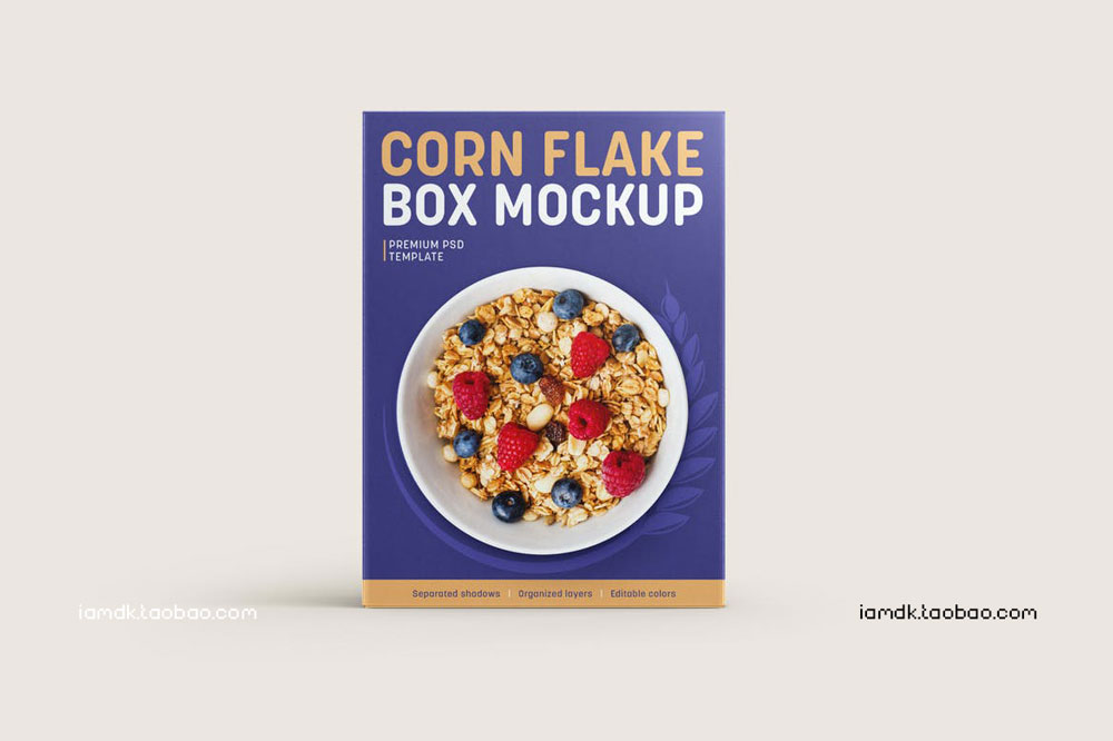 时尚麦片糖果食品零食品牌包装盒设计展示贴图PS样机模板 Corn Flakes Box Mockup Set_img_2