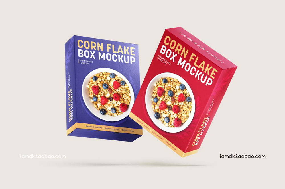 时尚麦片糖果食品零食品牌包装盒设计展示贴图PS样机模板 Corn Flakes Box Mockup Set_img_2