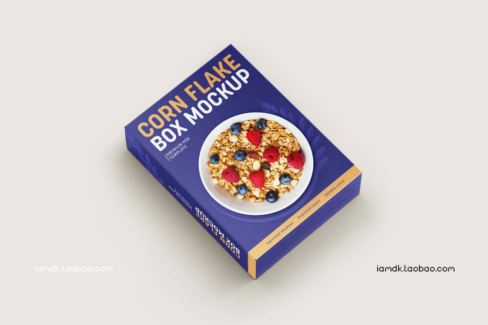 时尚麦片糖果食品零食品牌包装盒设计展示贴图PS样机模板 Corn Flakes Box Mockup Set_img_2