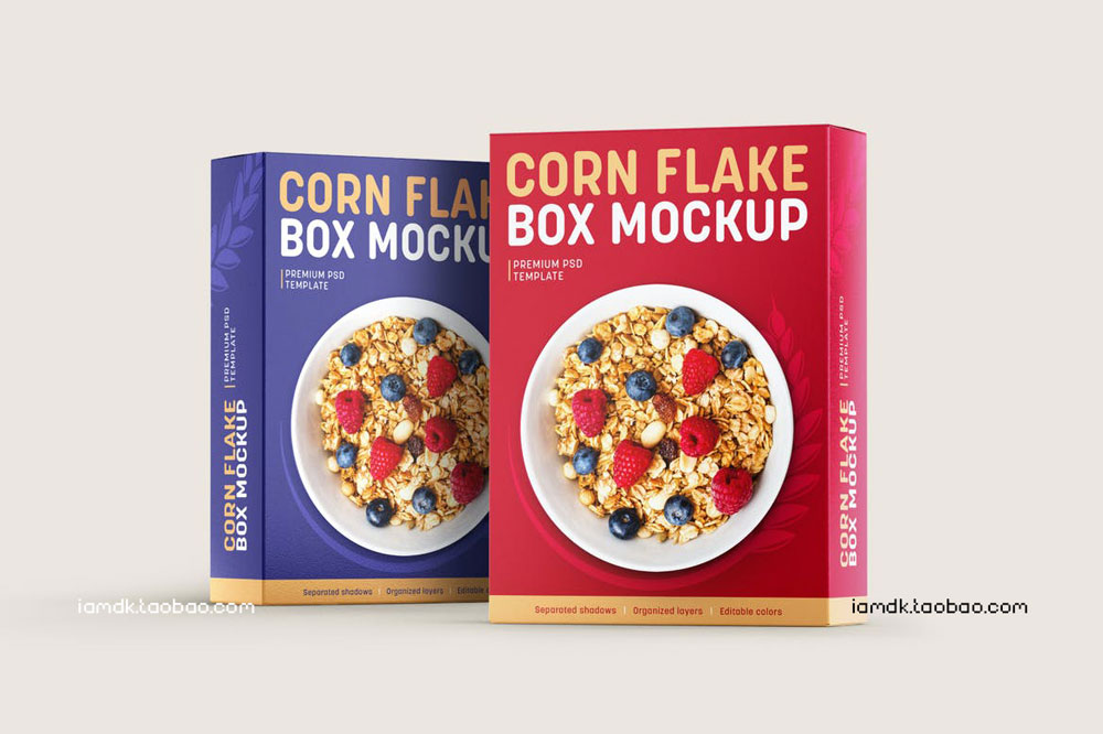 时尚麦片糖果食品零食品牌包装盒设计展示贴图PS样机模板 Corn Flakes Box Mockup Set_img_2