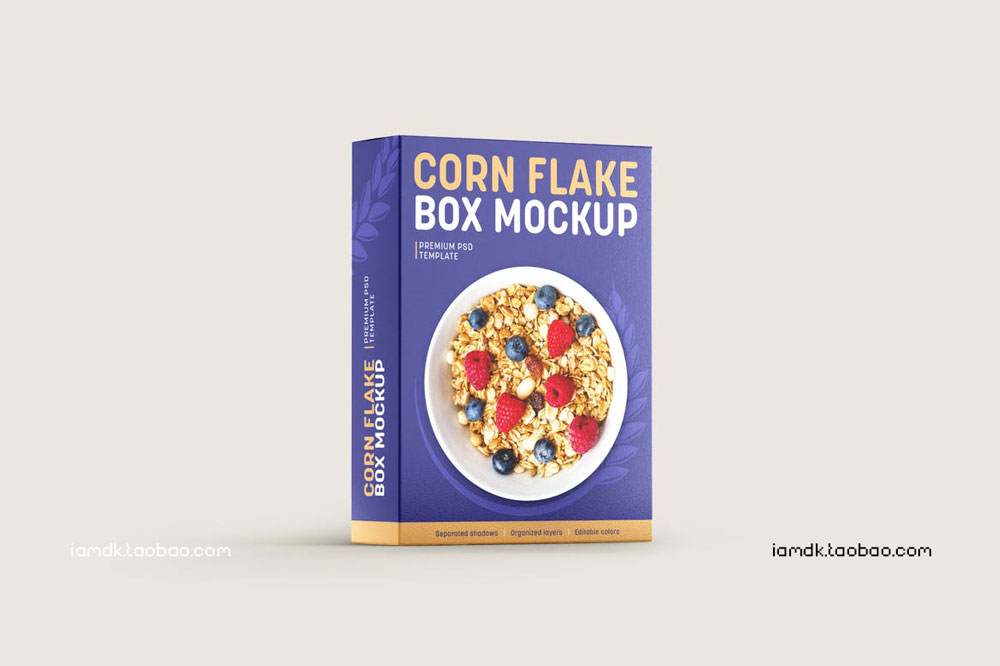 时尚麦片糖果食品零食品牌包装盒设计展示贴图PS样机模板 Corn Flakes Box Mockup Set_img_2