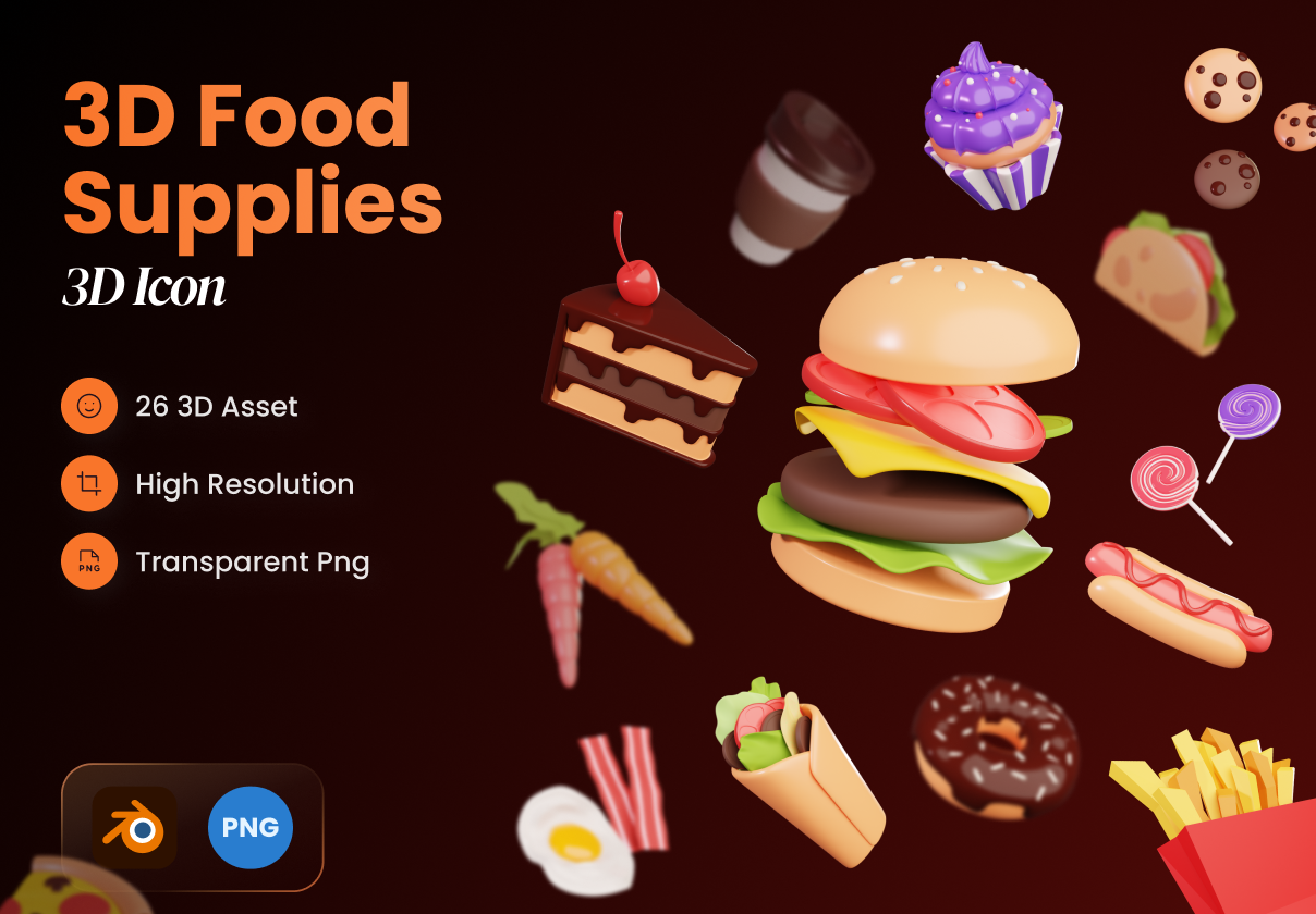 精美食品美食汉堡薯条创意3D图标PNG免扣图片设计素材 Food Supplies 3D Icons_img_2