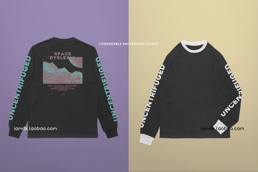 复古嘻哈街头长袖卫衣T恤印花图案设计PS贴图样机模板 Long Sleeve T-shirt Mockup_img_2