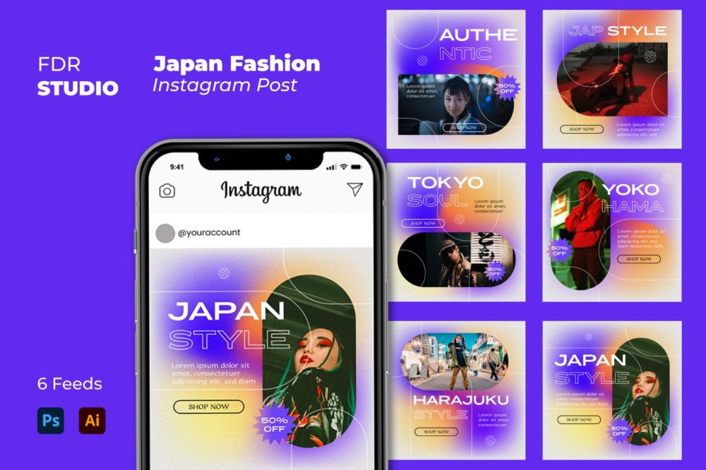 现代潮流霓虹效果服装品牌营销INS风新俄媒体推广PSD海报模板 Japan Fashion Instagram Post_img_2