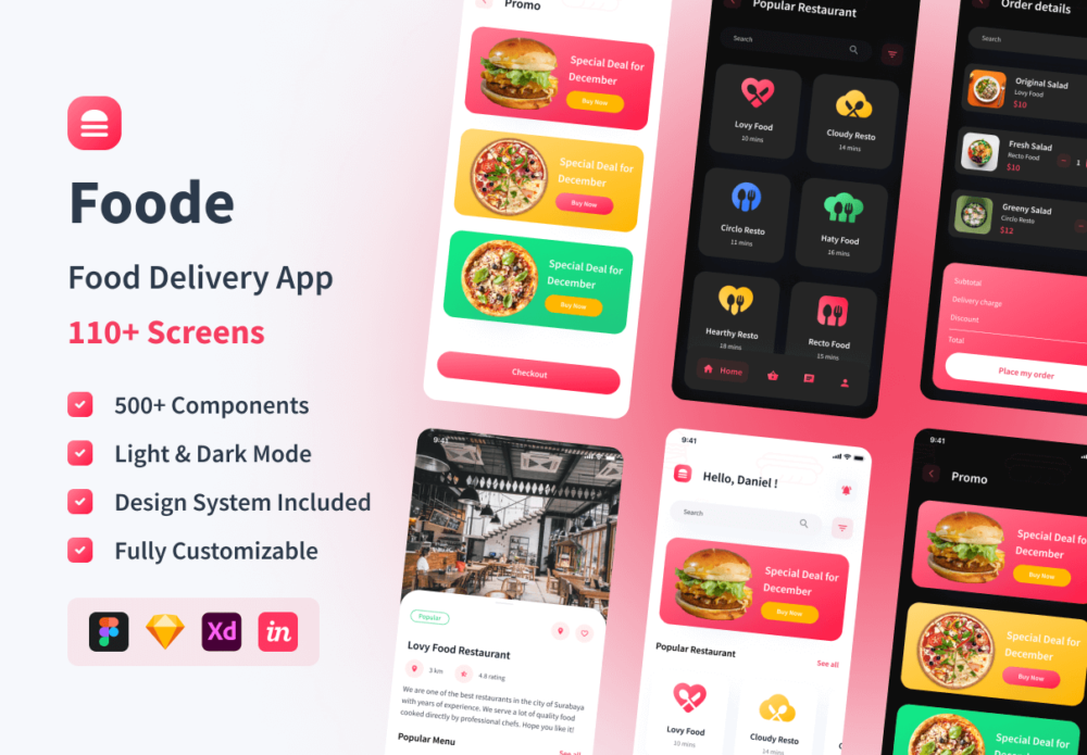 高级食品外卖送餐应用程序APP界面设计UI套件 Foode - Food Delivery Mobile App UI Kit_img_2