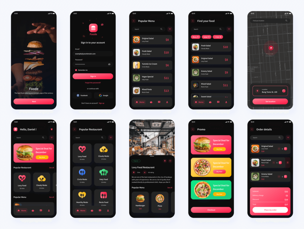 高级食品外卖送餐应用程序APP界面设计UI套件 Foode - Food Delivery Mobile App UI Kit_img_2