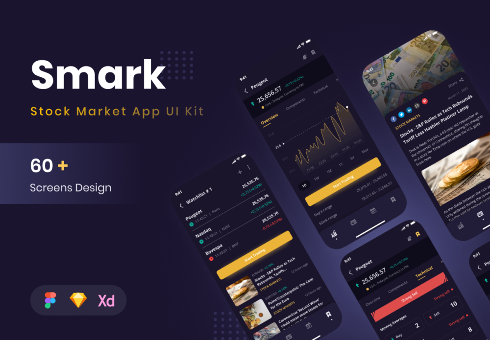 股票交易股市分析金融新闻资讯技术分析App设计UI套件模板 Smark - Stock Market App UI Kit_img_2