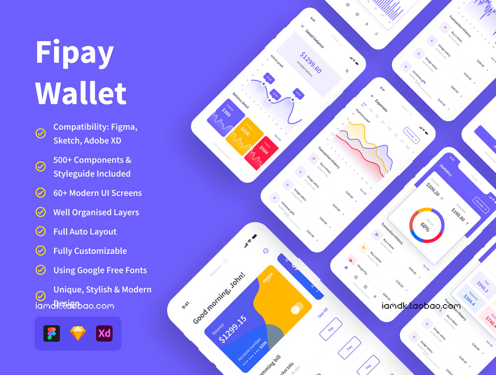 现代时尚数字钱包银行金融软件APP界面设计UI套件素材 Fipay Wallet Mobile App UI Kit_img_2