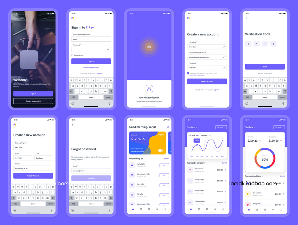 现代时尚数字钱包银行金融软件APP界面设计UI套件素材 Fipay Wallet Mobile App UI Kit_img_2