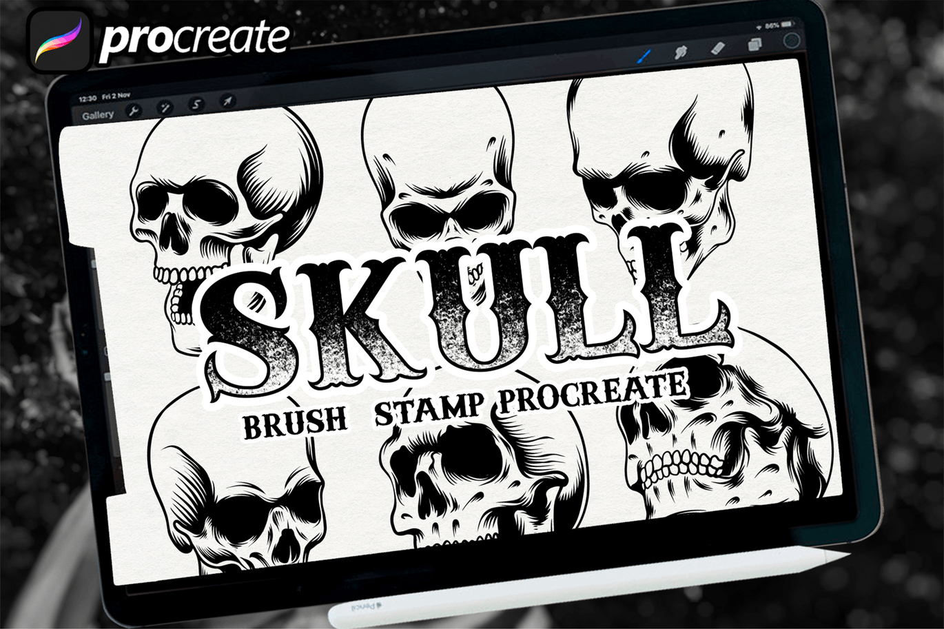 炫酷嘻哈街头骷髅头艺术插画iPad Procreate图章笔刷素材 Skull brush stamp #2_img_2