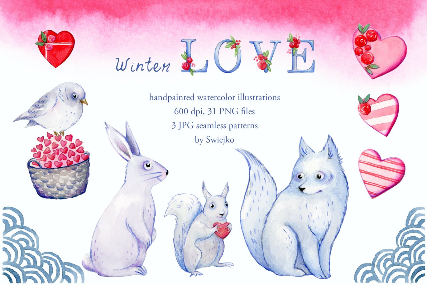 甜美冬季情人节元素可爱卡通动物手绘插画素材 Winter Love, Valentines Day Clipart_img_2