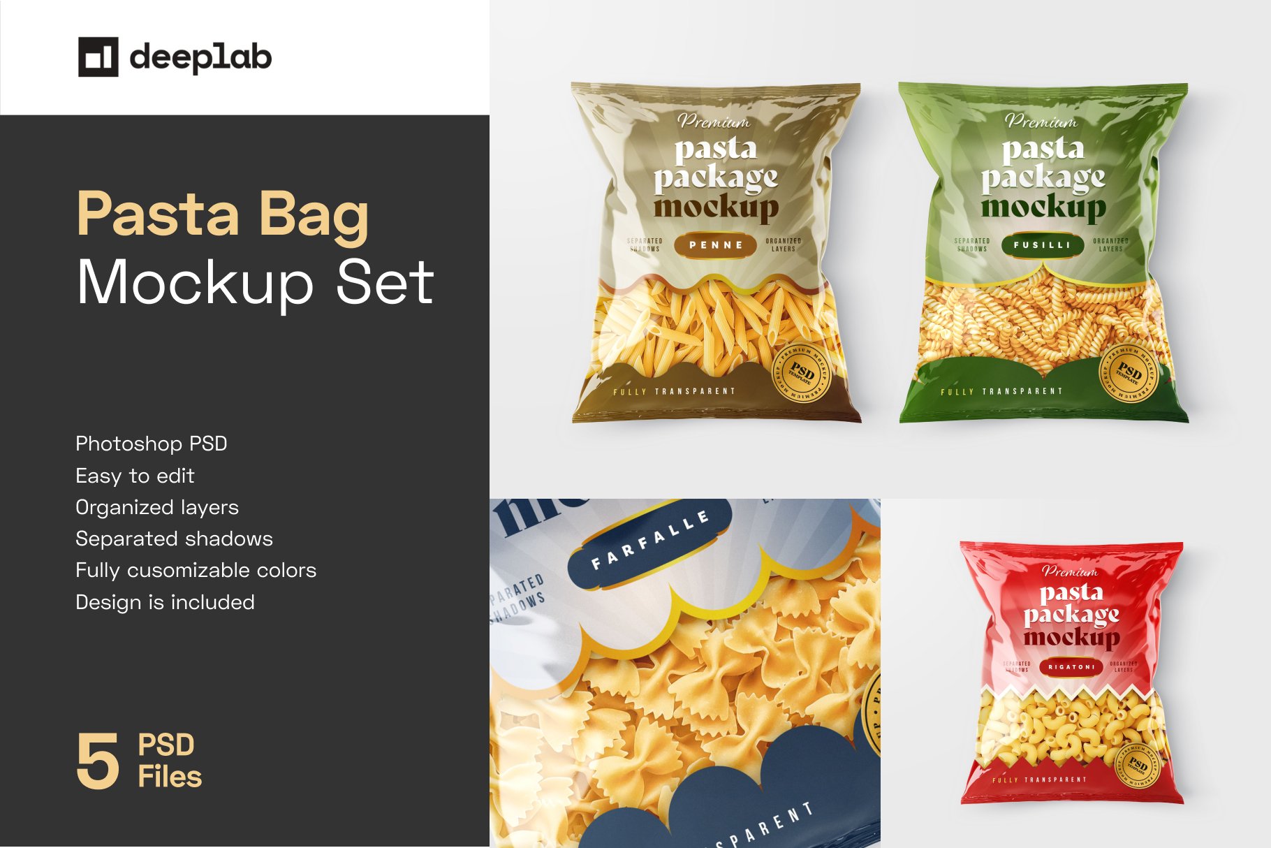 逼真光泽食品零食包装塑料袋设计展示贴图PSD样机 Pasta Bag Packaging Mockup Set_img_2