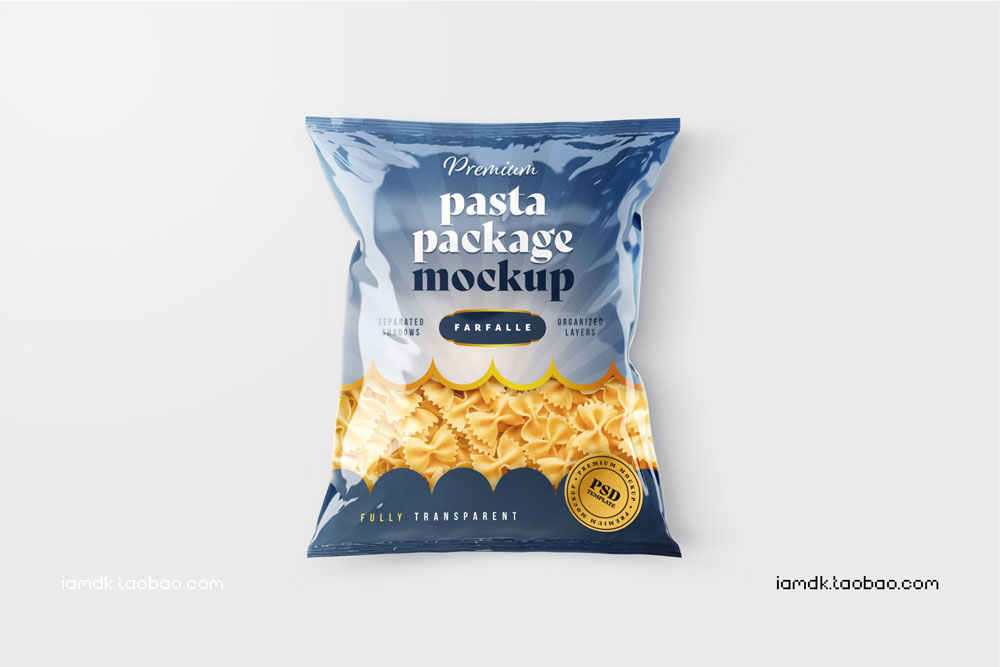 逼真光泽食品零食包装塑料袋设计展示贴图PSD样机 Pasta Bag Packaging Mockup Set_img_2