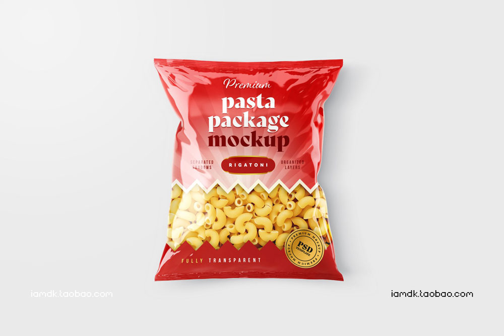 逼真光泽食品零食包装塑料袋设计展示贴图PSD样机 Pasta Bag Packaging Mockup Set_img_2