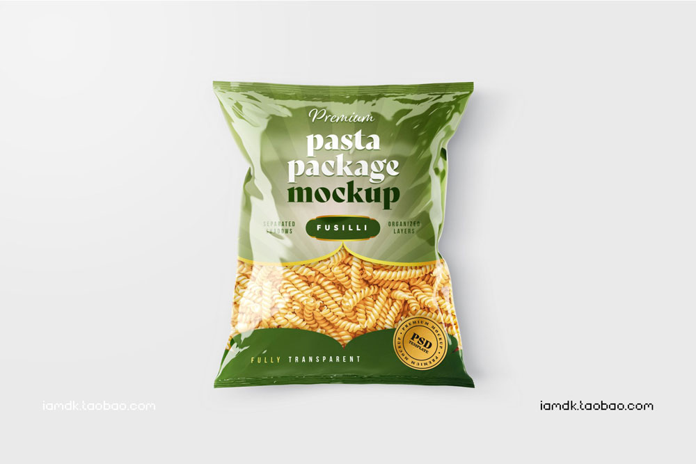 逼真光泽食品零食包装塑料袋设计展示贴图PSD样机 Pasta Bag Packaging Mockup Set_img_2