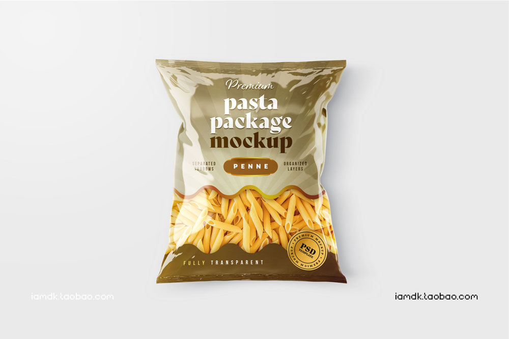 逼真光泽食品零食包装塑料袋设计展示贴图PSD样机 Pasta Bag Packaging Mockup Set_img_2