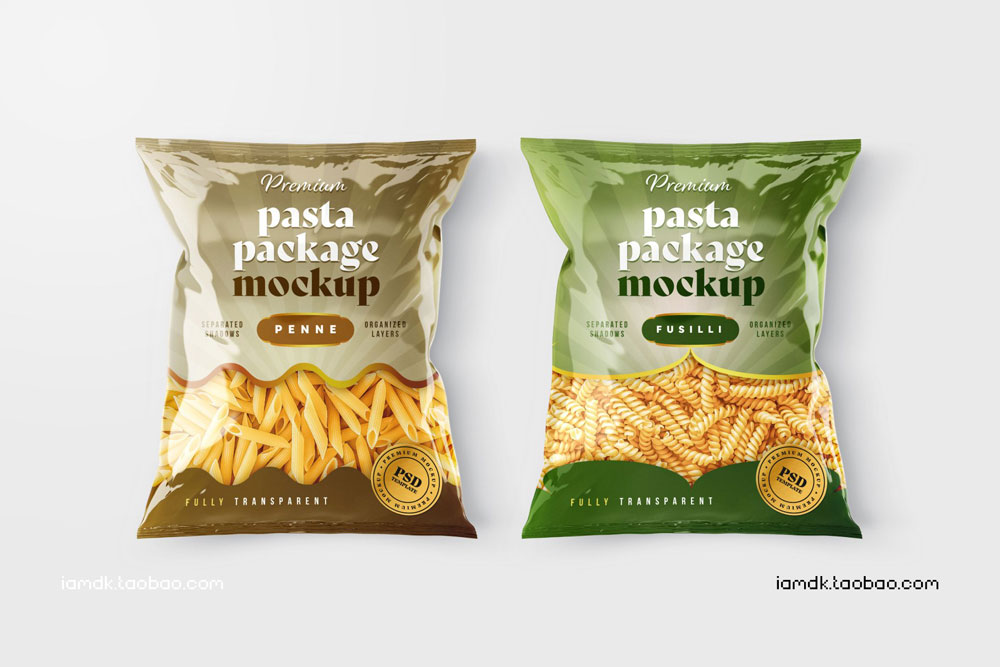 逼真光泽食品零食包装塑料袋设计展示贴图PSD样机 Pasta Bag Packaging Mockup Set_img_2