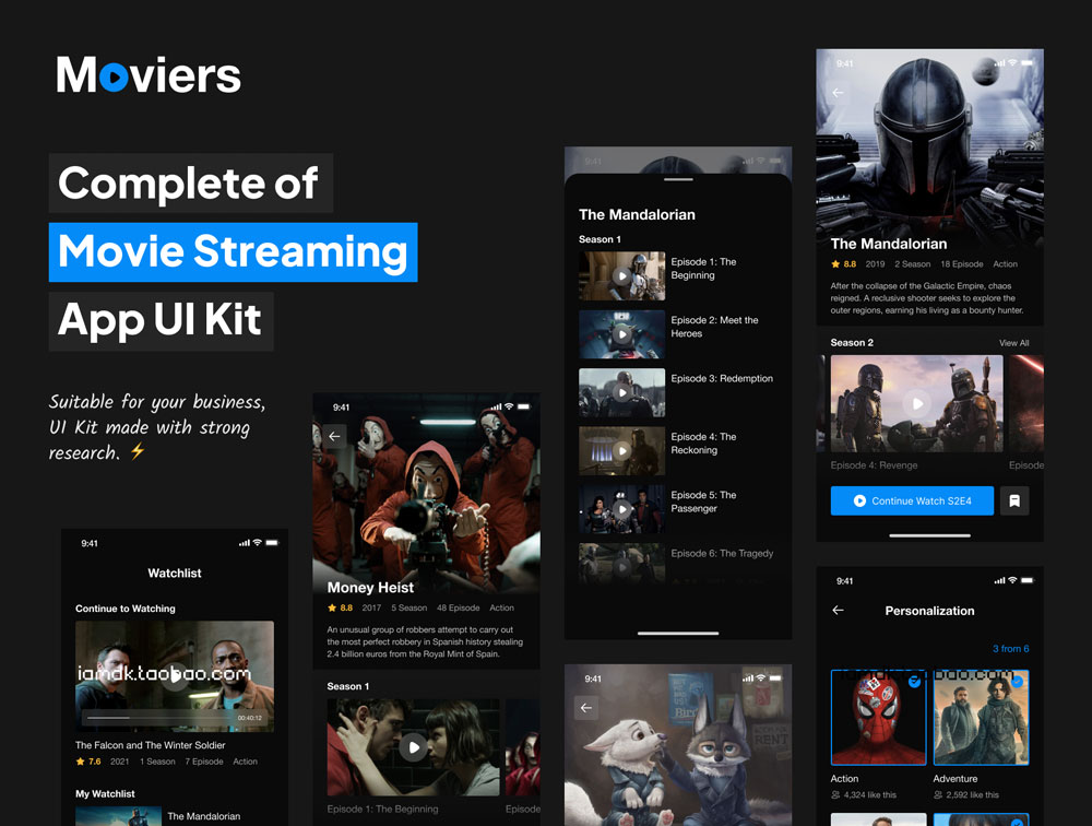 移动影院手机App界面设计在线电影Ui设计素材 Moviers - Movie Streaming App UI Kit_img_2