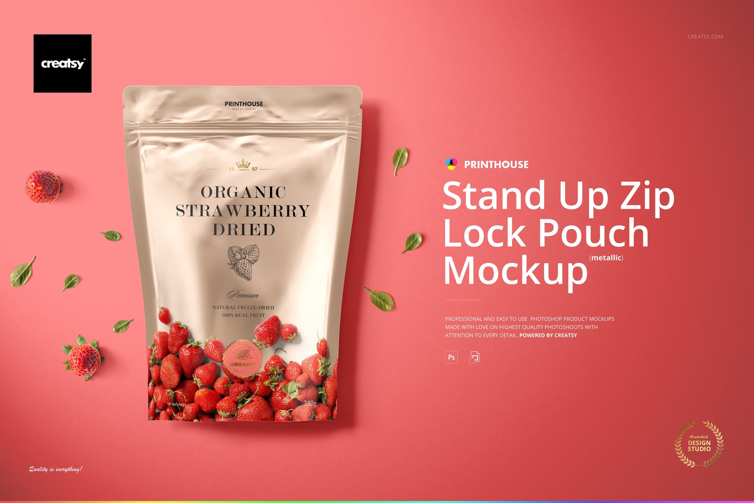 光泽食品零食自封包装铝箔袋设计展示贴图样机模板 Stand Up Pouch (metallic) Mockup Set_img_2