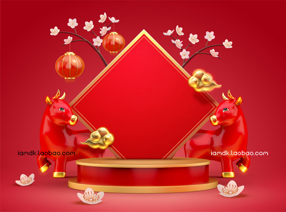 中国风新年春节吉祥背景图片AI矢量设计素材 3D CNY Podium Background Set_img_2