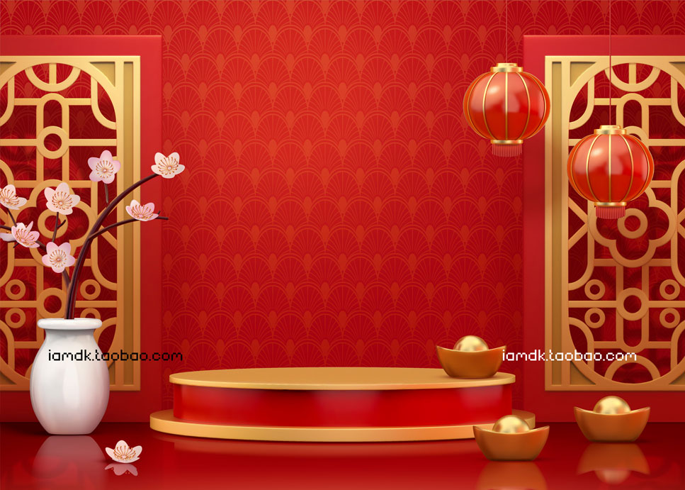 中国风新年春节吉祥背景图片AI矢量设计素材 3D CNY Podium Background Set_img_2