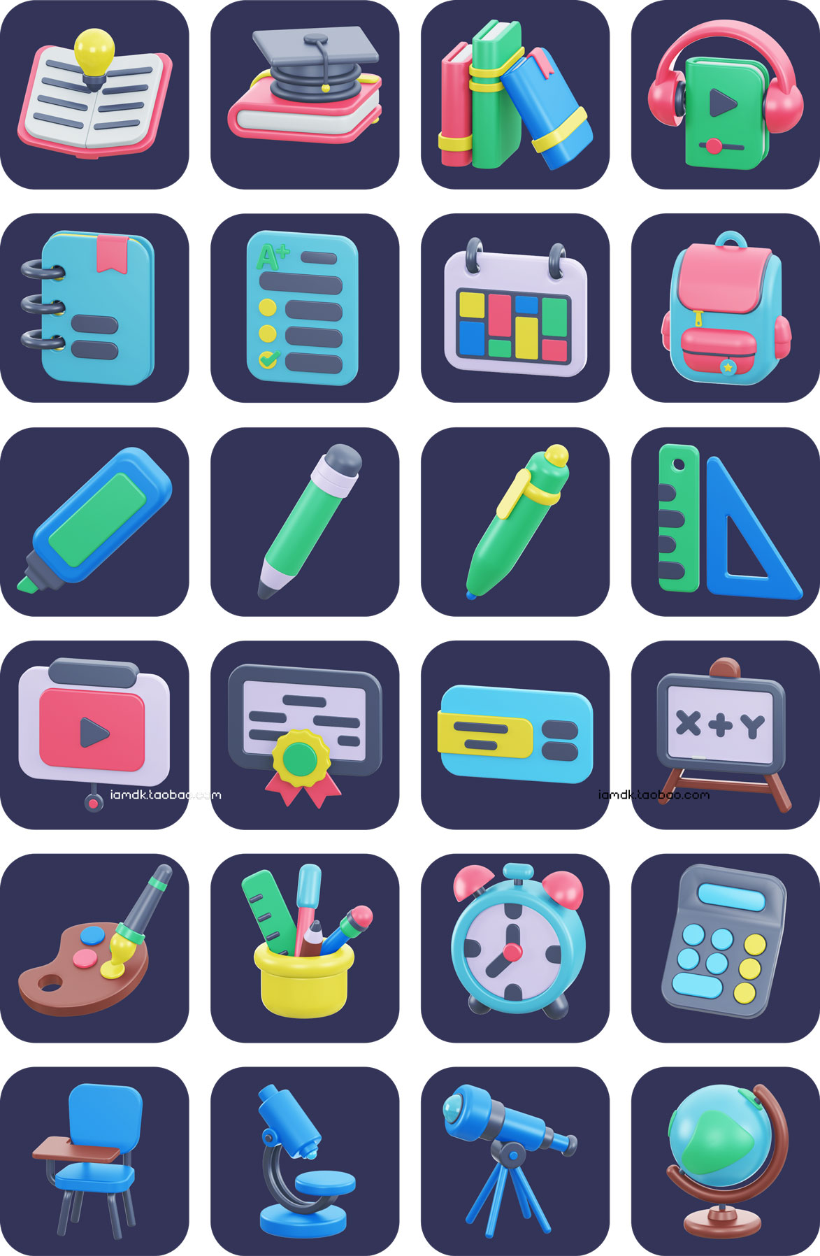 24款趣味卡通3D立体学习教育开学季文具icon图标png免抠图片素材 Education 3D icon pack_img_2