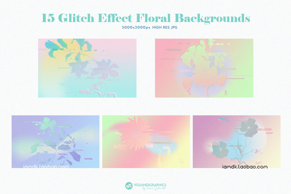 潮流时尚渐变炫彩故障风抽象艺术植物花卉背景底纹图片设计素材 Glitch Effect Floral 90s Backgrounds_img_2