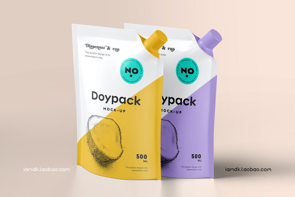 高级果汁塑料包装袋设计展示贴图样机模板 Doypack Mock-up 5_img_2