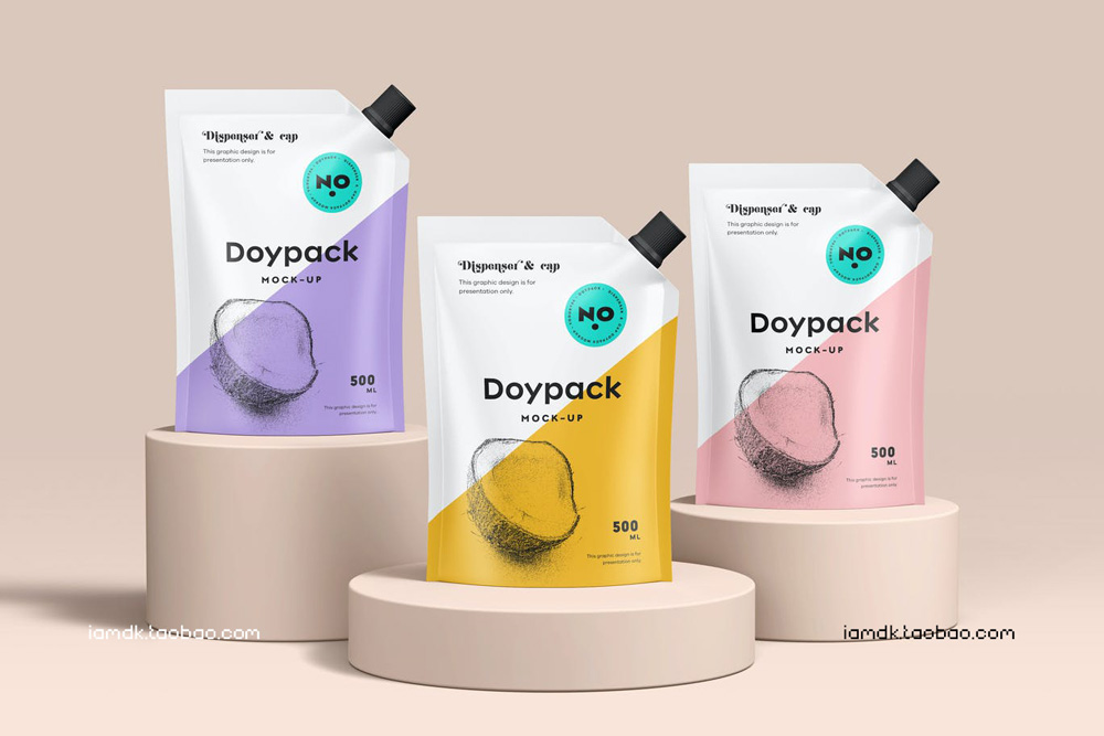 高级果汁塑料包装袋设计展示贴图样机模板 Doypack Mock-up 5_img_2